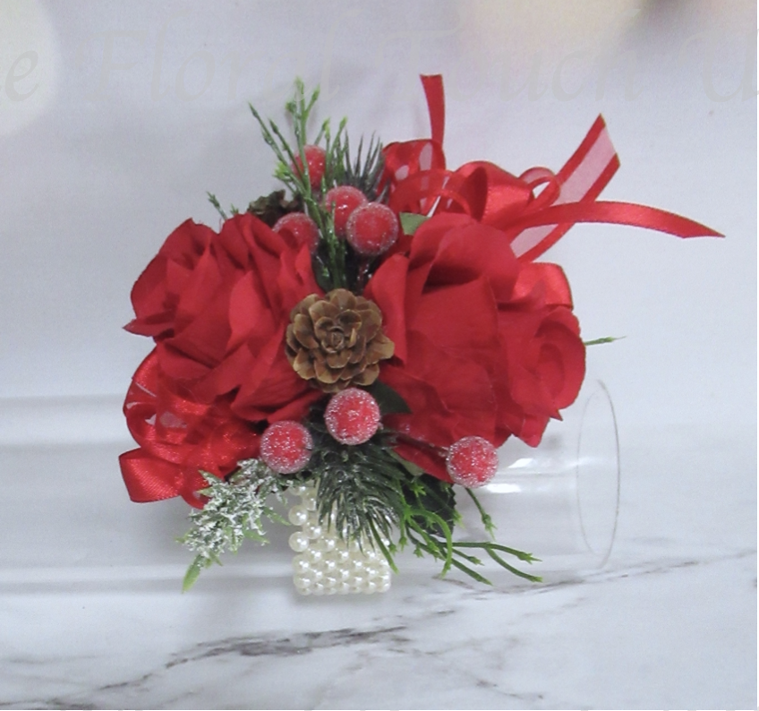 Red Rose & Berry Wrist Corsage, Christmas Inspired wrist corsae